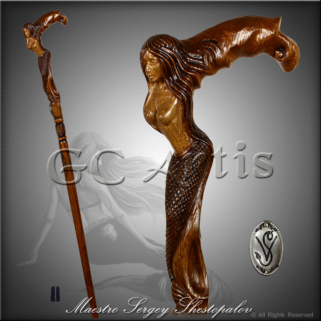 Crying Mermaid Girl Wooden Walking Stick Cane Dark