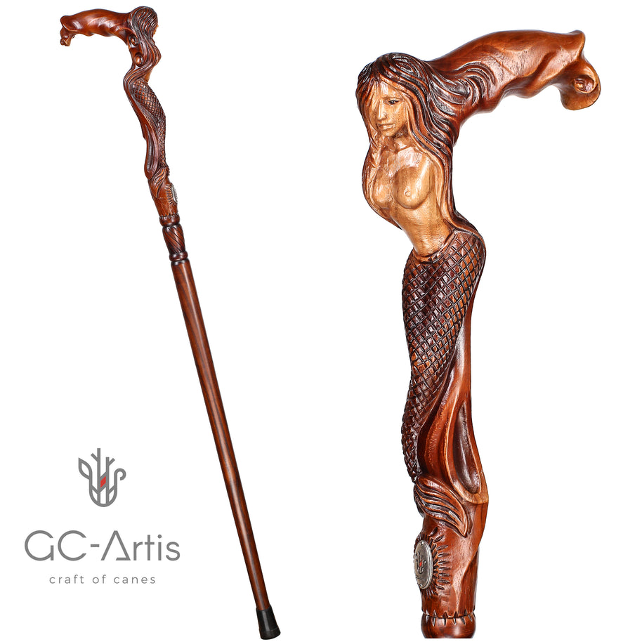 Canne de marche en bois "Sirène qui pleure" sombre