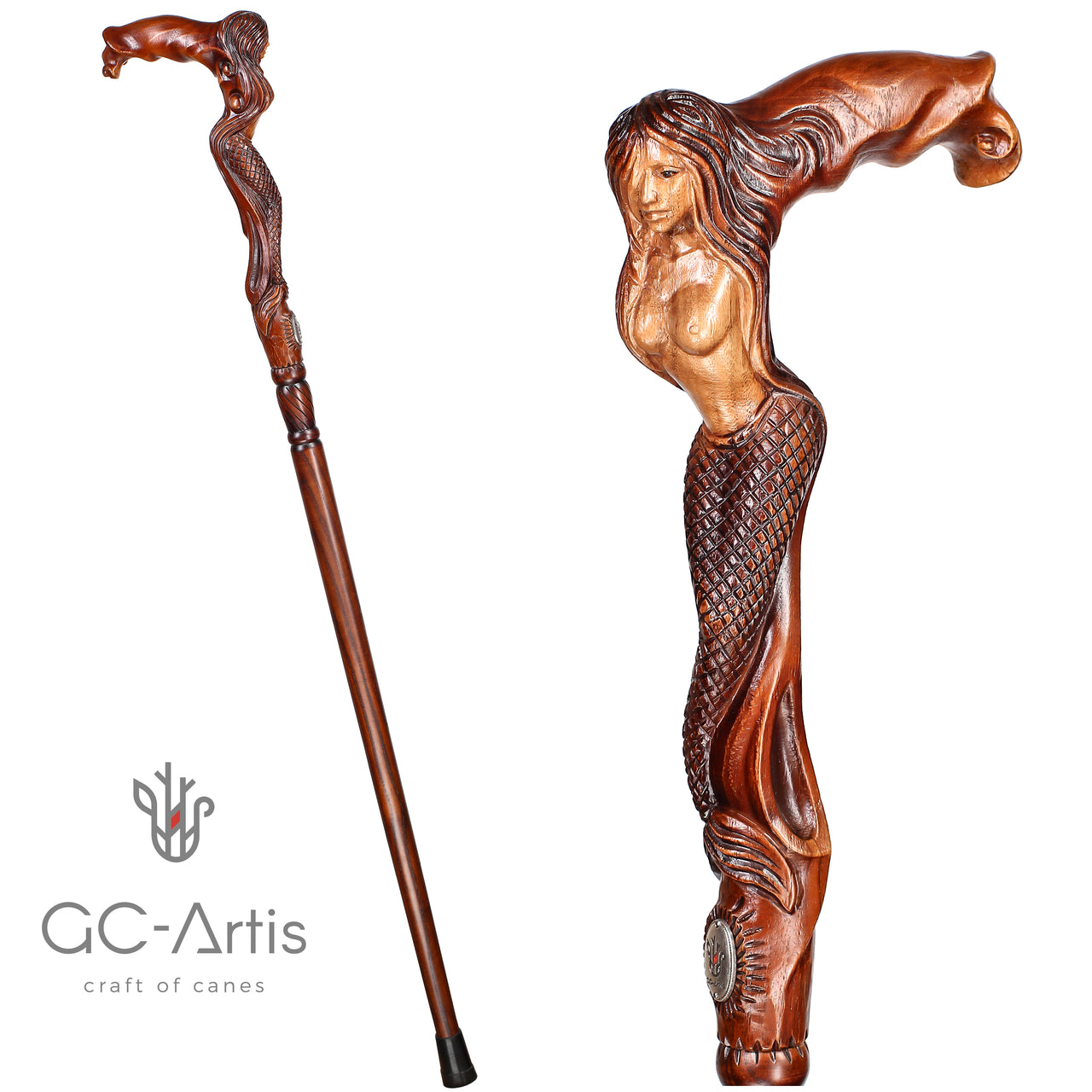 Crying Mermaid Girl Wooden Walking Stick Cane Dark