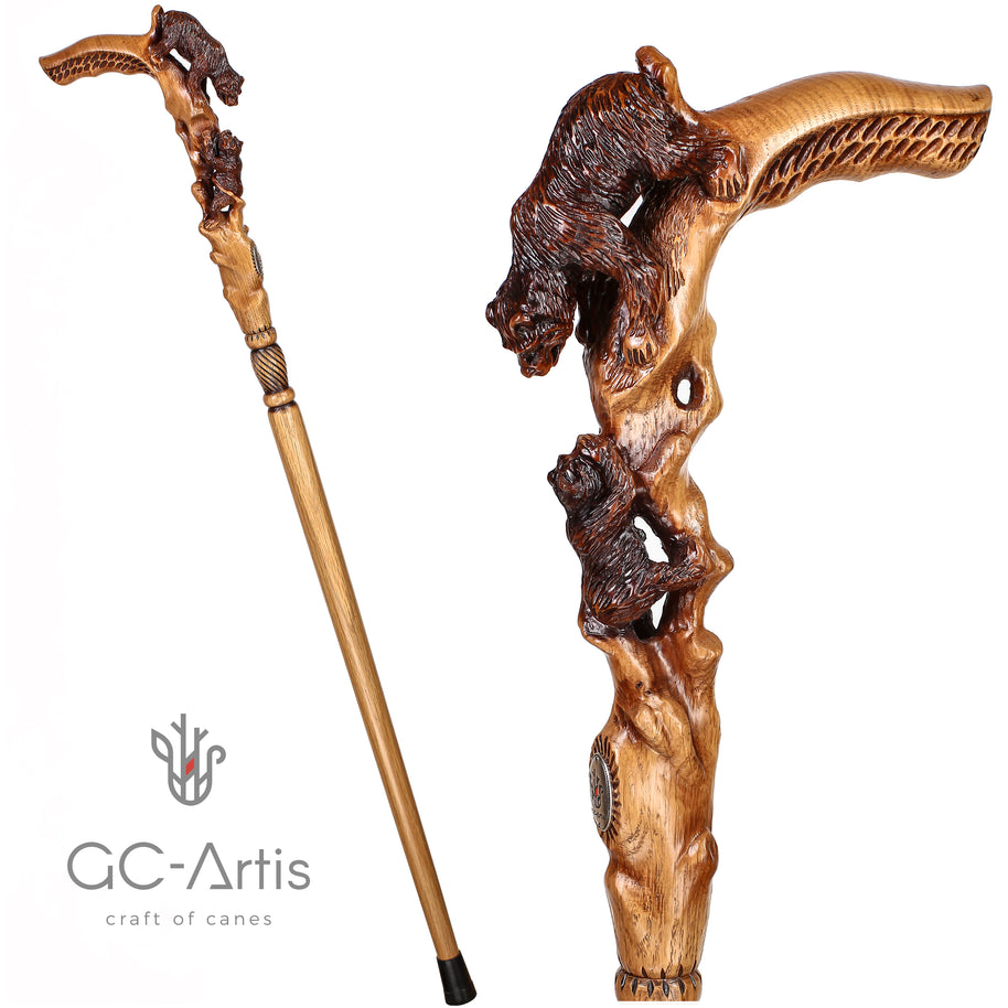 Canne de marche Maman Ours en bois clair