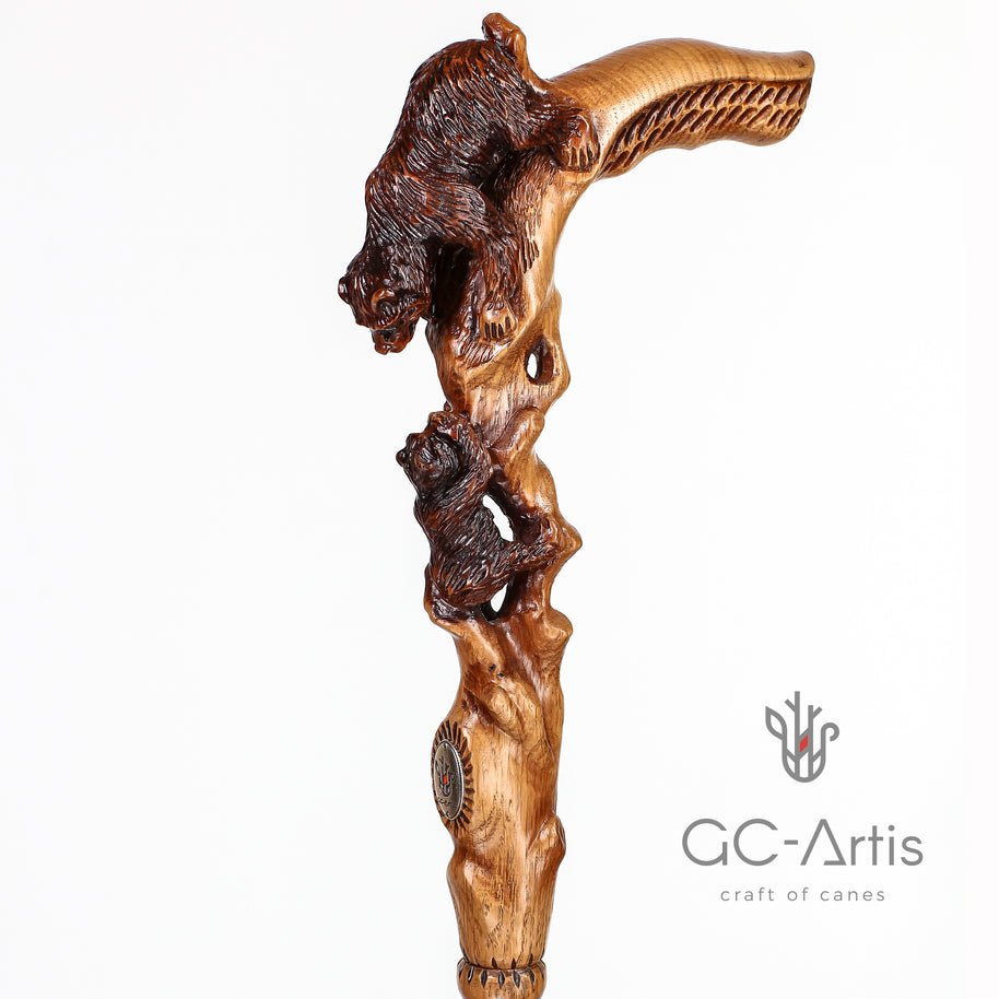Canne de marche Maman Ours en bois clair