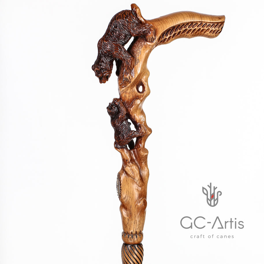 Canne de marche Maman Ours en bois clair