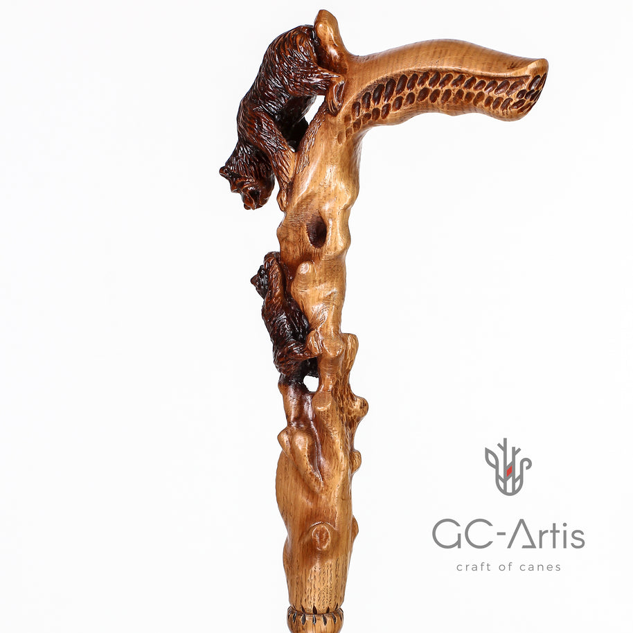 Canne de marche Maman Ours en bois clair