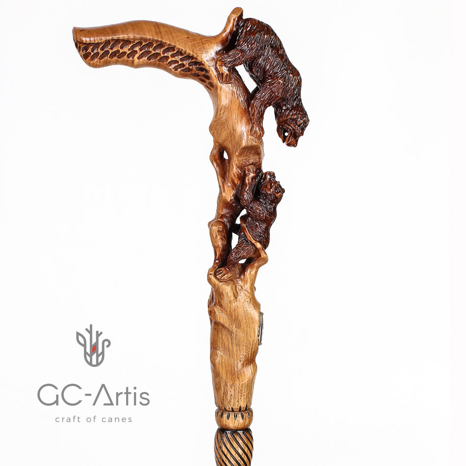 Canne de marche Maman Ours en bois clair