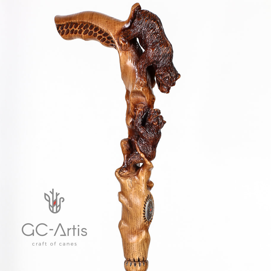 Canne de marche Maman Ours en bois clair