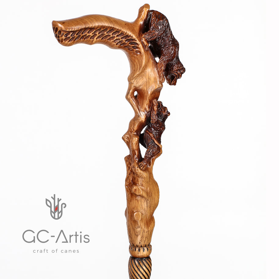 Canne de marche Maman Ours en bois clair