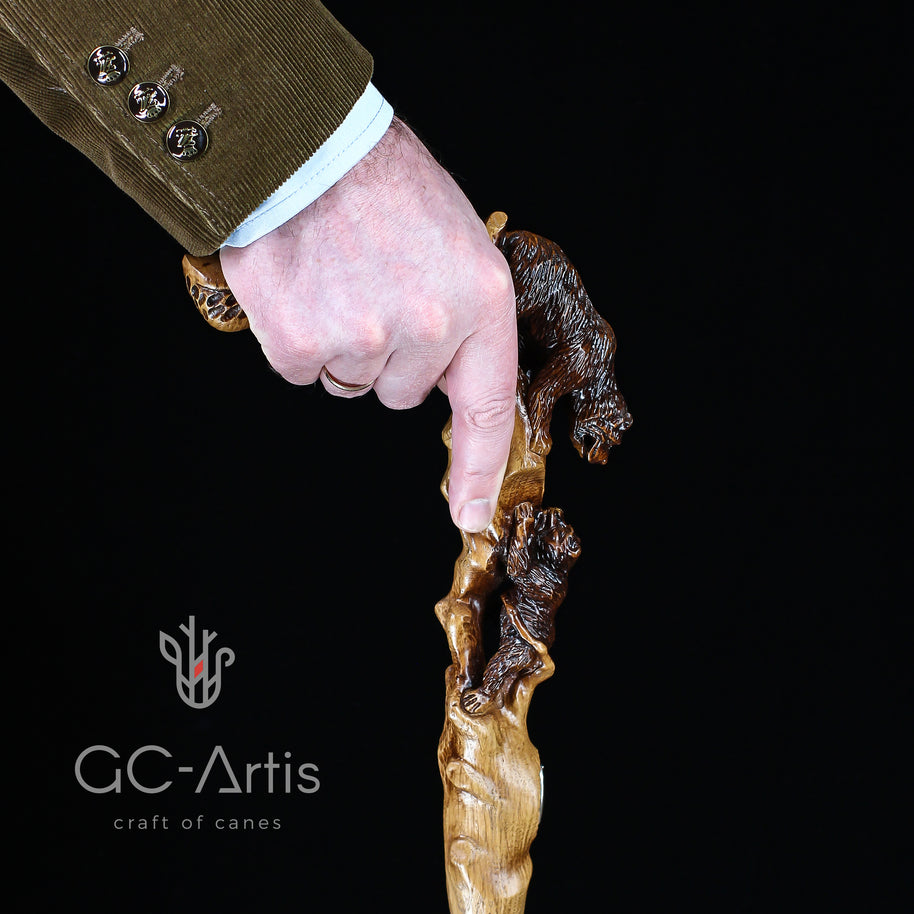 Canne de marche Maman Ours en bois clair
