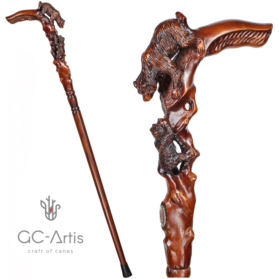 Canne de marche en bois foncé, sculptée à la main, motif Ourse
