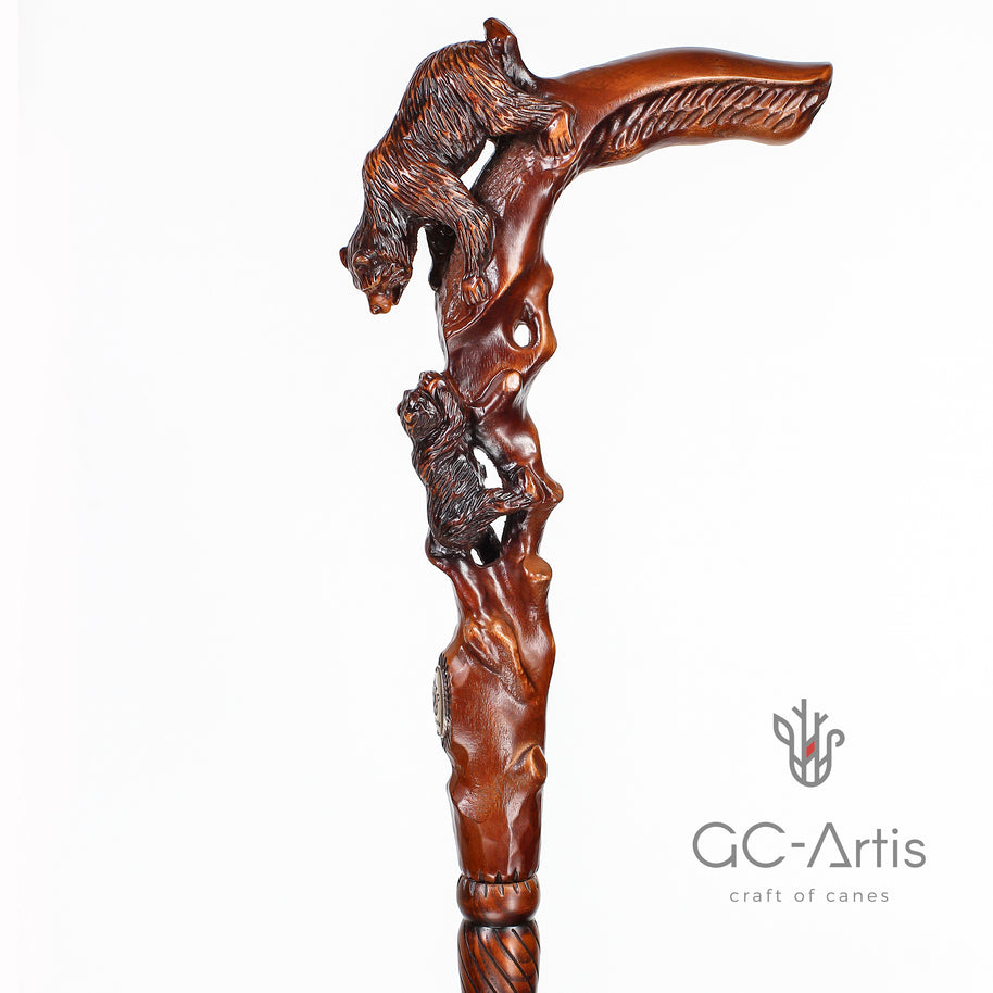 Canne de marche en bois foncé, sculptée à la main, motif Ourse