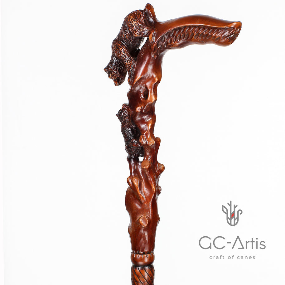 Canne de marche en bois foncé, sculptée à la main, motif Ourse