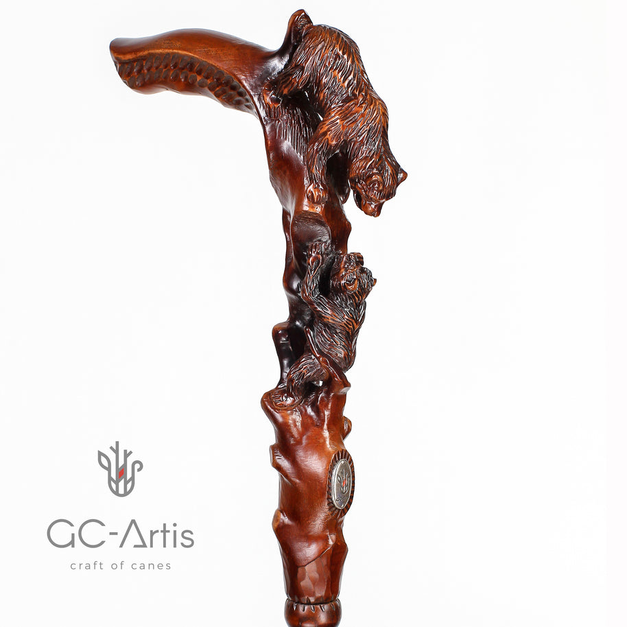 Canne de marche en bois foncé, sculptée à la main, motif Ourse
