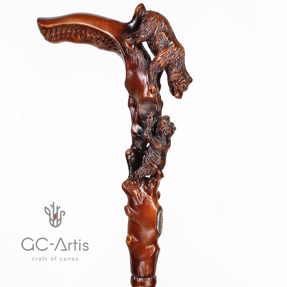 Canne de marche en bois foncé, sculptée à la main, motif Ourse