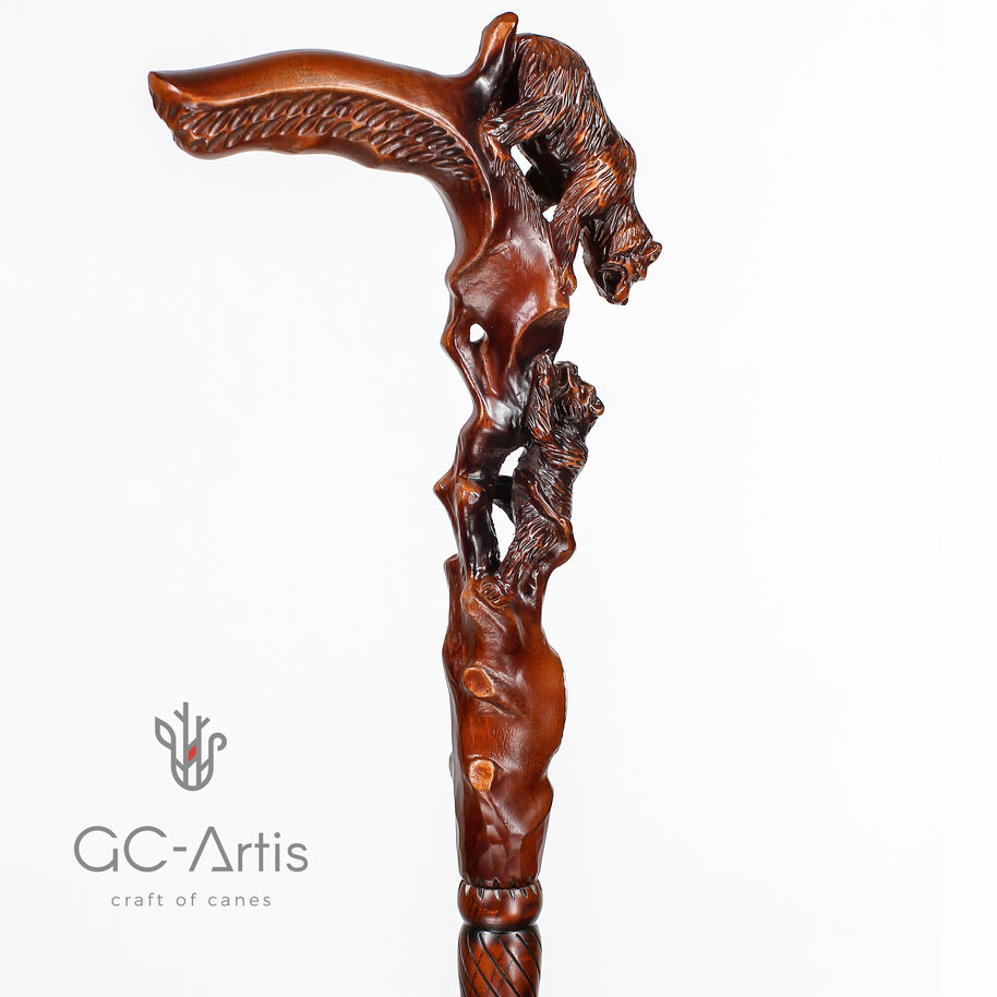 Canne de marche en bois foncé, sculptée à la main, motif Ourse
