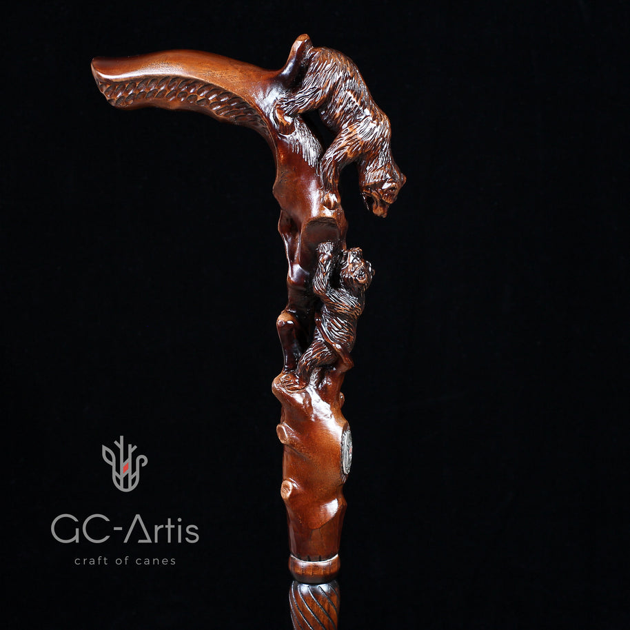 Canne de marche en bois foncé, sculptée à la main, motif Ourse