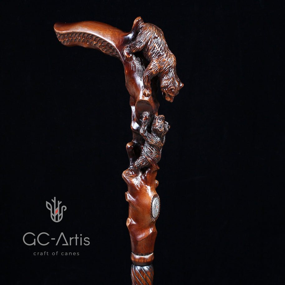 Canne de marche en bois foncé, sculptée à la main, motif Ourse