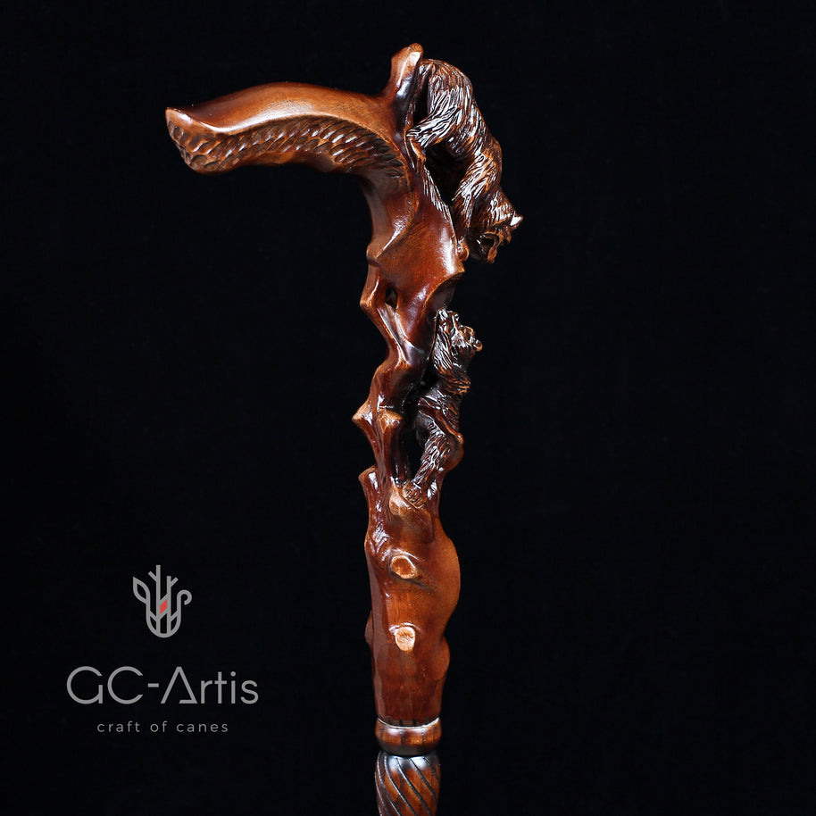 Canne de marche en bois foncé, sculptée à la main, motif Ourse