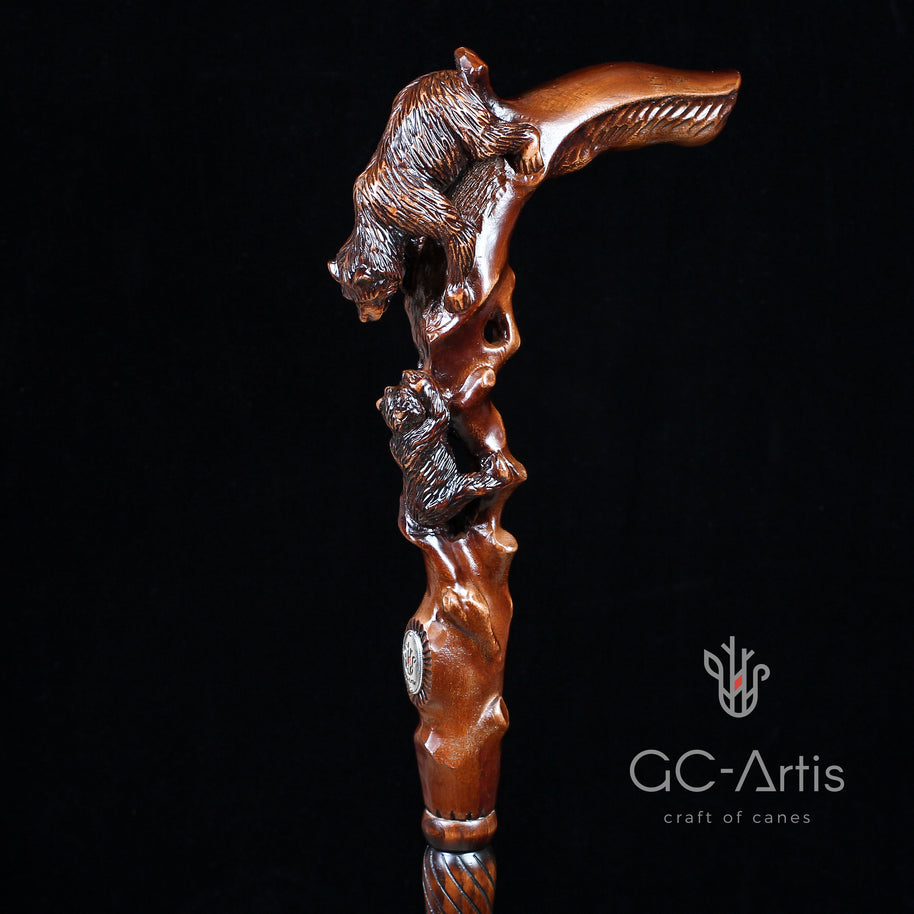 Canne de marche en bois foncé, sculptée à la main, motif Ourse
