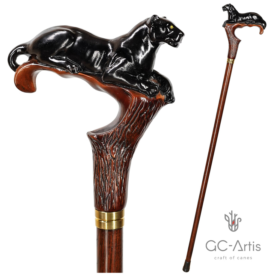Bâton de marche en bois foncé Panthère noire Chat sauvage