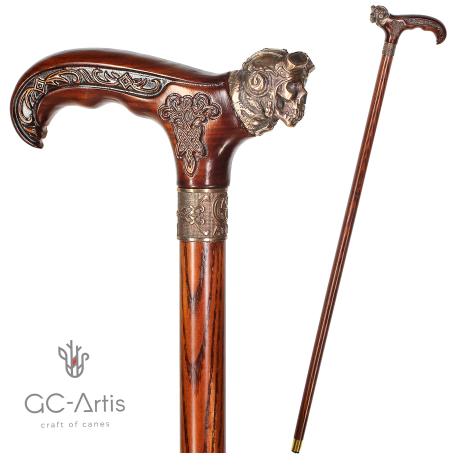 Canne de marche en bronze et bois style aviateur "Tête de mort pilote"