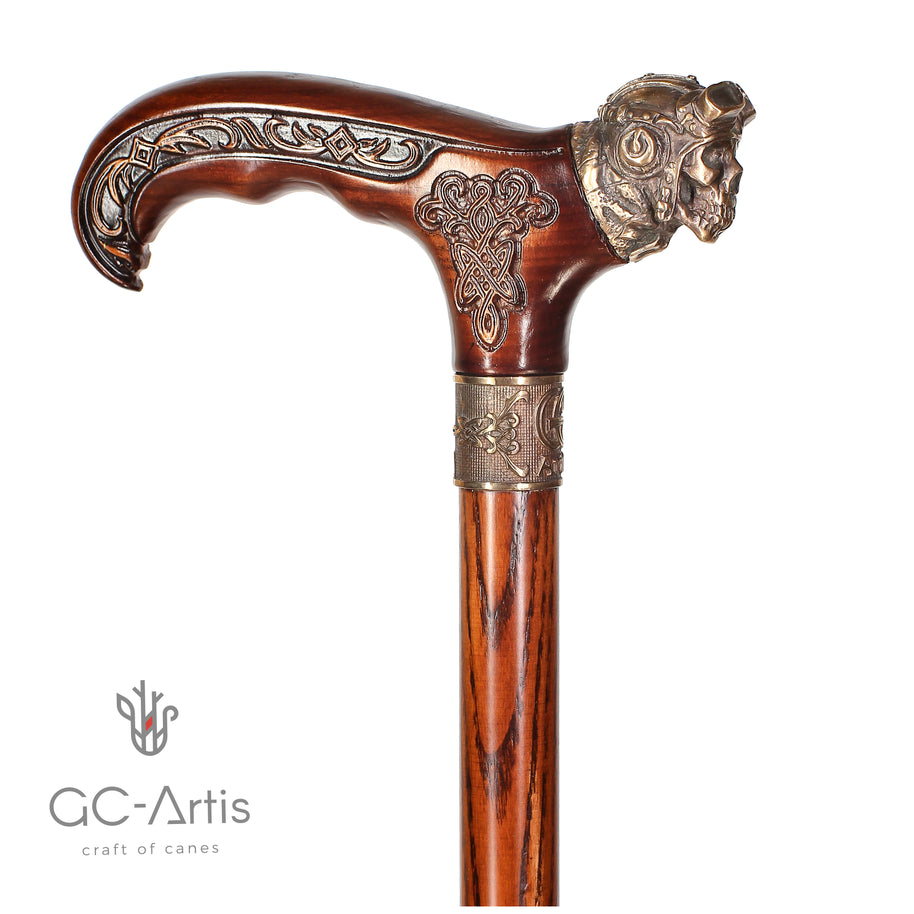 Canne de marche en bronze et bois style aviateur 