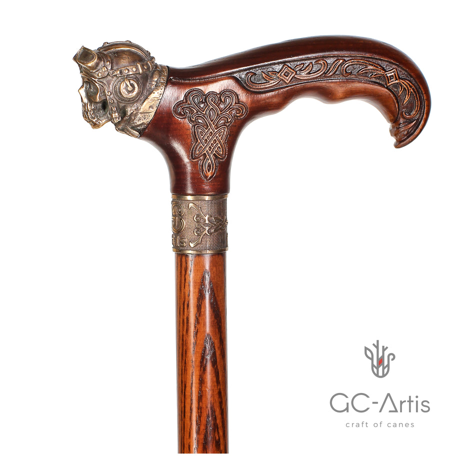 Canne de marche en bronze et bois style aviateur 