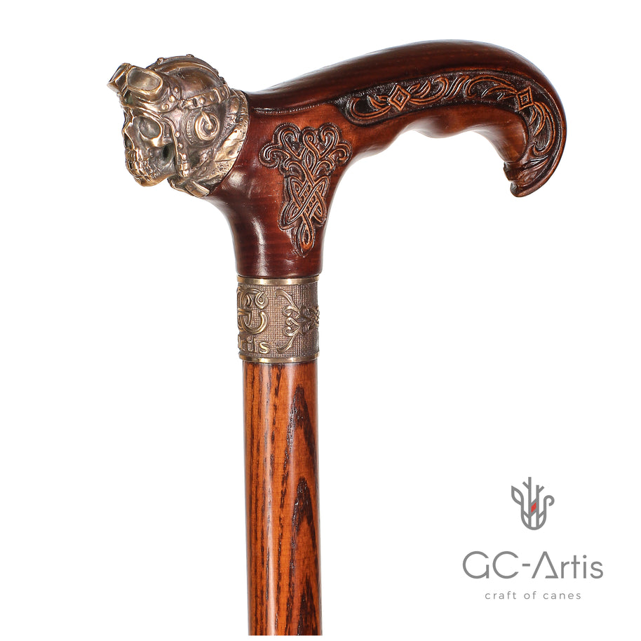 Canne de marche en bronze et bois style aviateur 