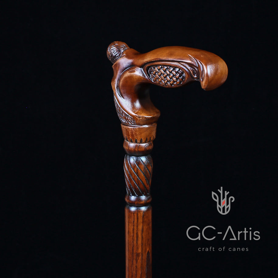 Canne de marche unique en bois tissé, motif d'art de designer