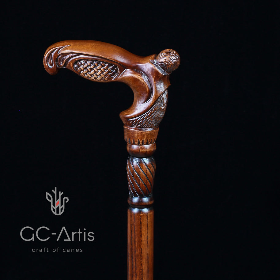 Canne de marche unique en bois tissé, motif d'art de designer