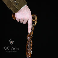 Wooden walking cane stick Ram Skull & Owl bird