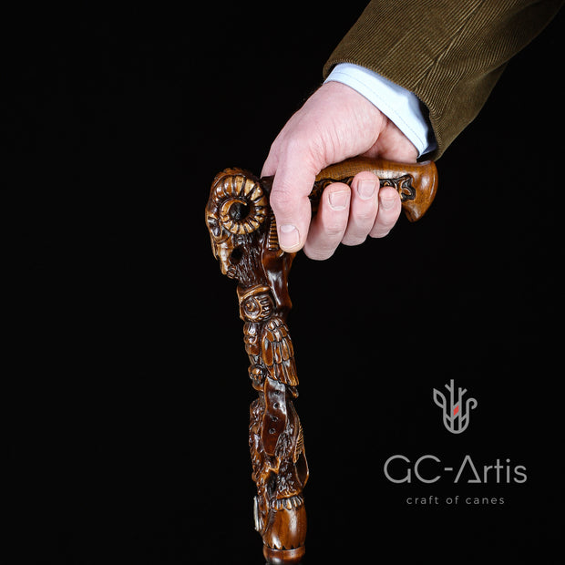 Wooden walking cane stick Ram Skull & Owl bird