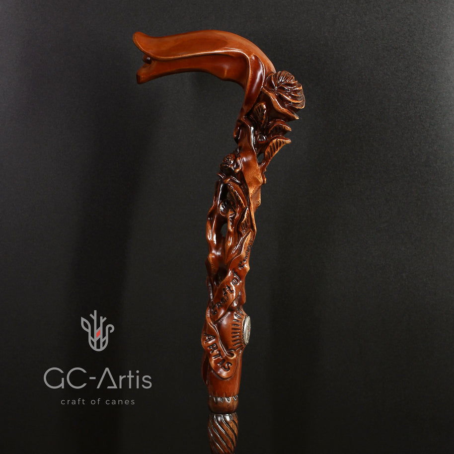 Canne de marche en bois foncé motif rose pour femmes