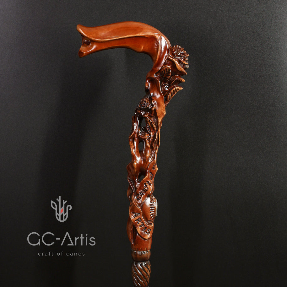 Canne de marche en bois foncé motif rose pour femmes