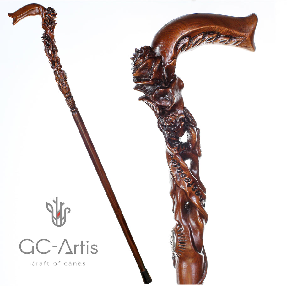 Canne de marche en bois foncé motif rose pour femmes