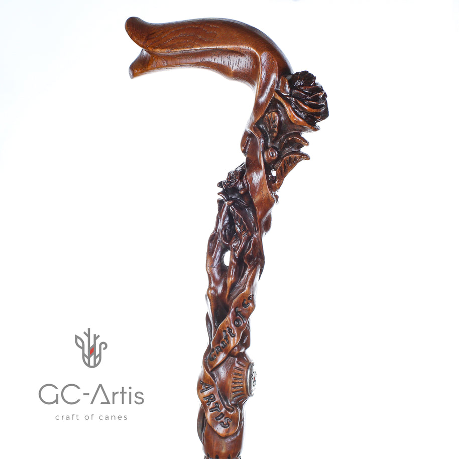 Canne de marche en bois foncé motif rose pour femmes