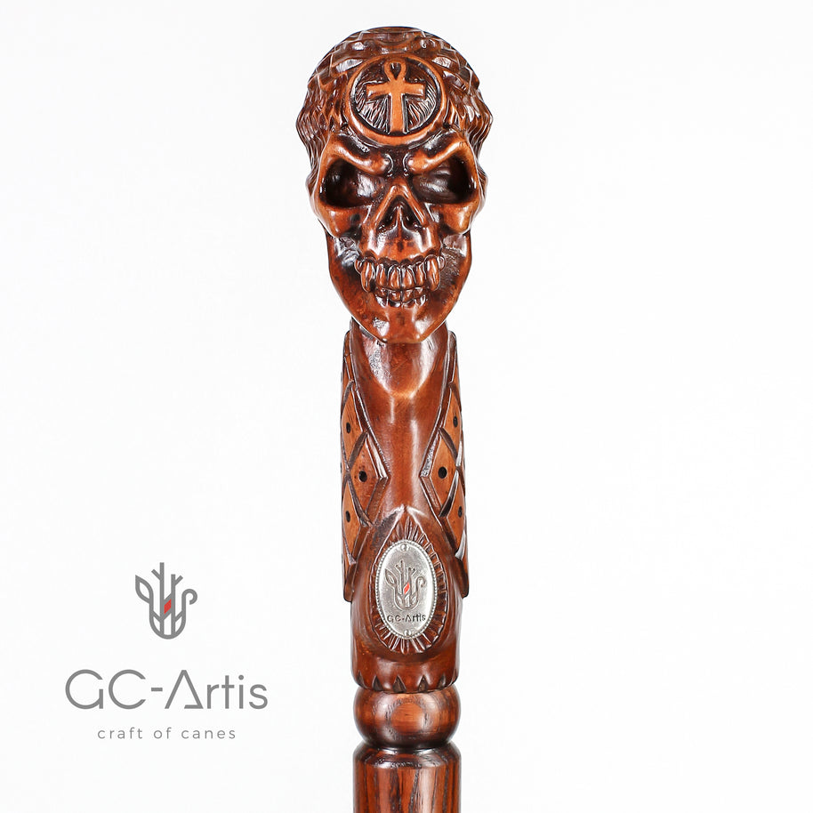 Béquille Canne Ankh Croix Crâne ÉGYPTIEN en Bois