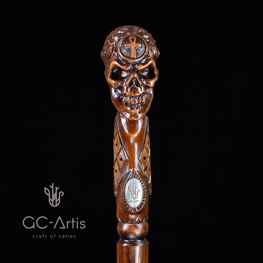 Béquille Canne Ankh Croix Crâne ÉGYPTIEN en Bois