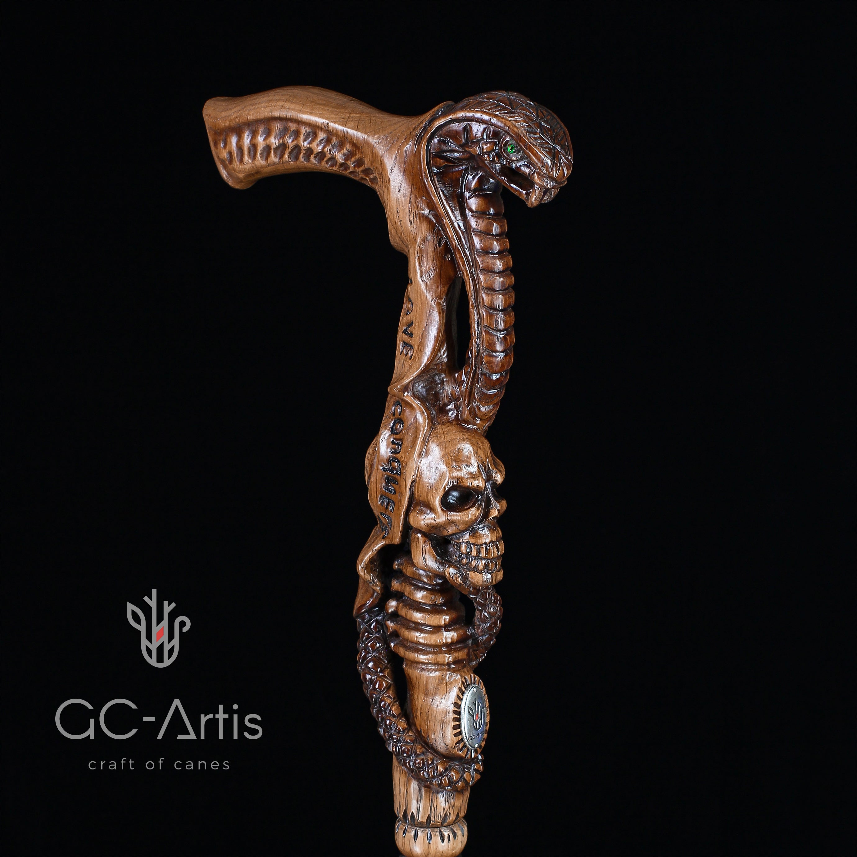 Snake Cobra & Skull wooden walking cane stick hiking Staff light
