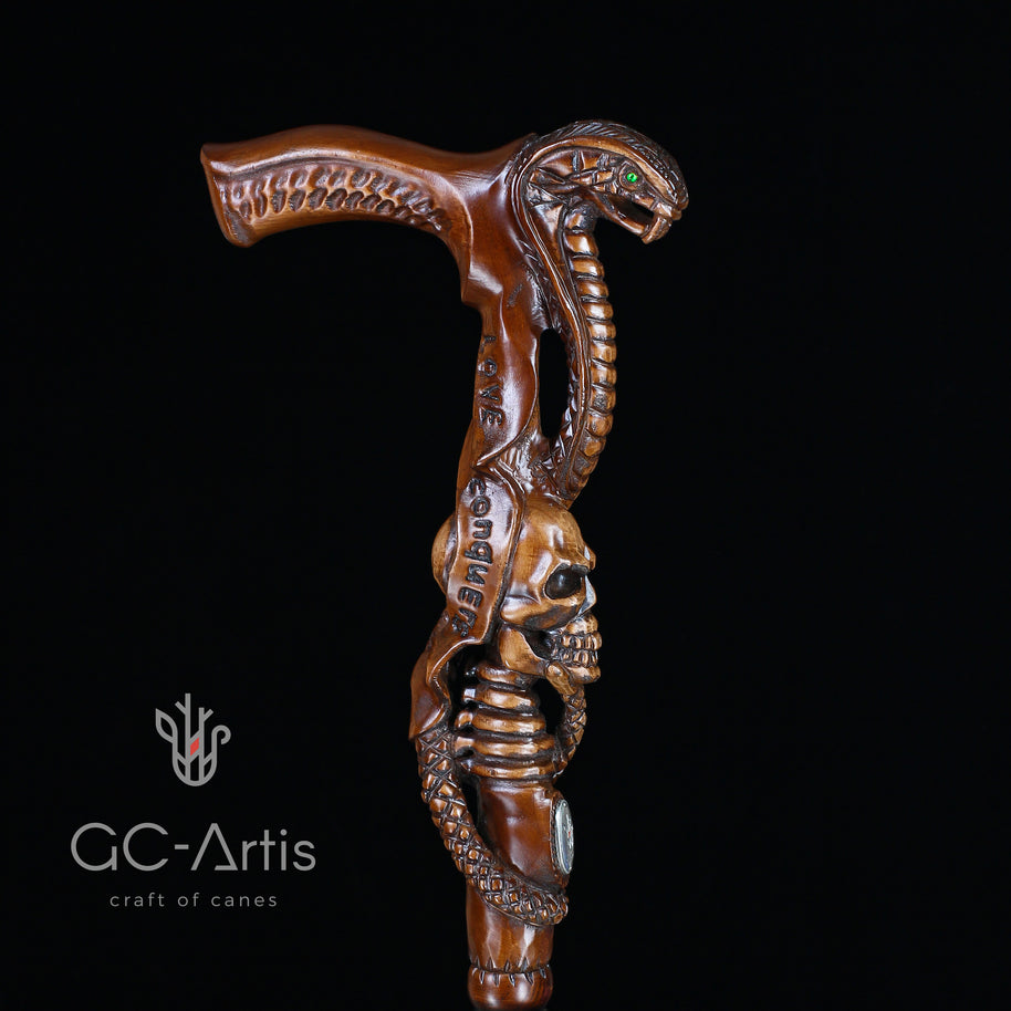 Canne Bâton de Marche en Bois Foncé COBRA Serpent avec Crâne