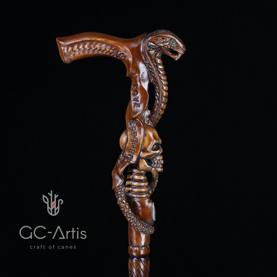 Canne Bâton de Marche en Bois Foncé COBRA Serpent avec Crâne