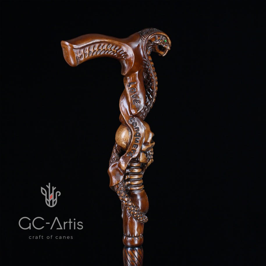 Canne Bâton de Marche en Bois Foncé COBRA Serpent avec Crâne