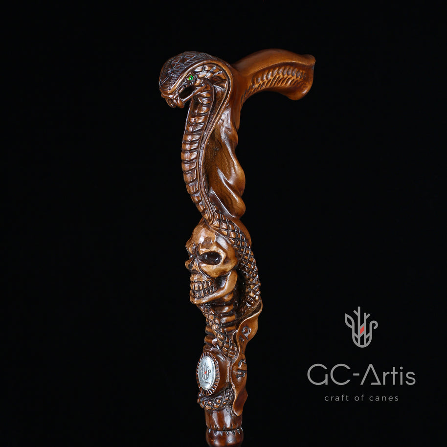 Canne Bâton de Marche en Bois Foncé COBRA Serpent avec Crâne