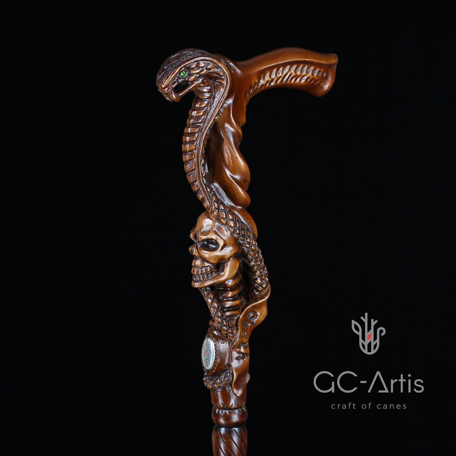 Canne Bâton de Marche en Bois Foncé COBRA Serpent avec Crâne
