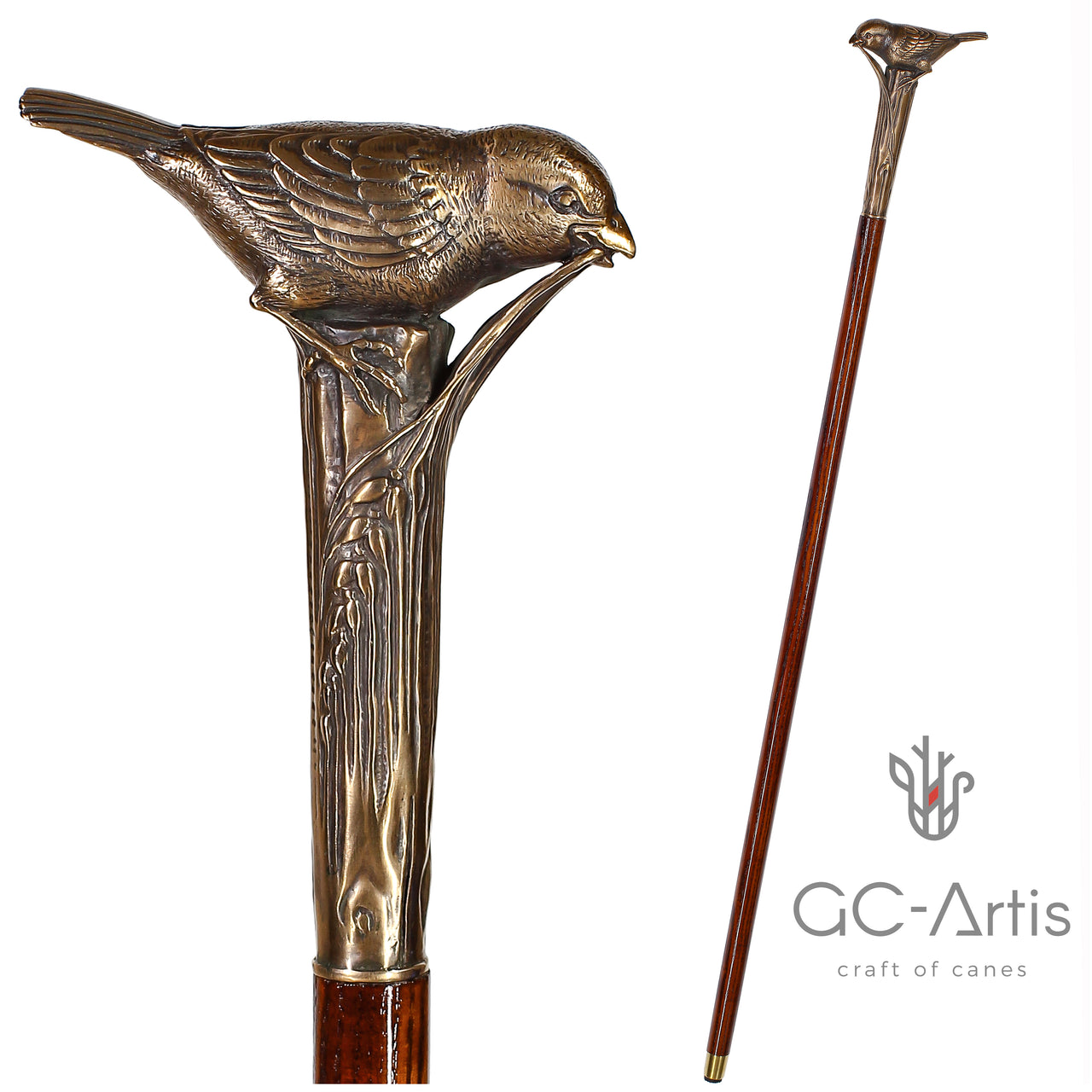 Sparrow Bird Walking Stick Cane Solid Bronze & wood