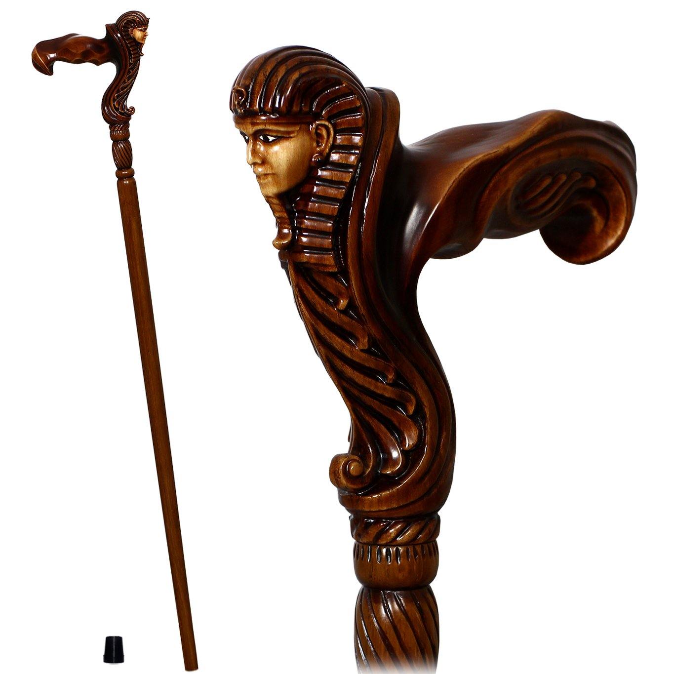 Ergonomical Handle! Wooden Walking Cane Stick Carved Egypt Pharaoh - GC-Artis Walking Sticks Canes