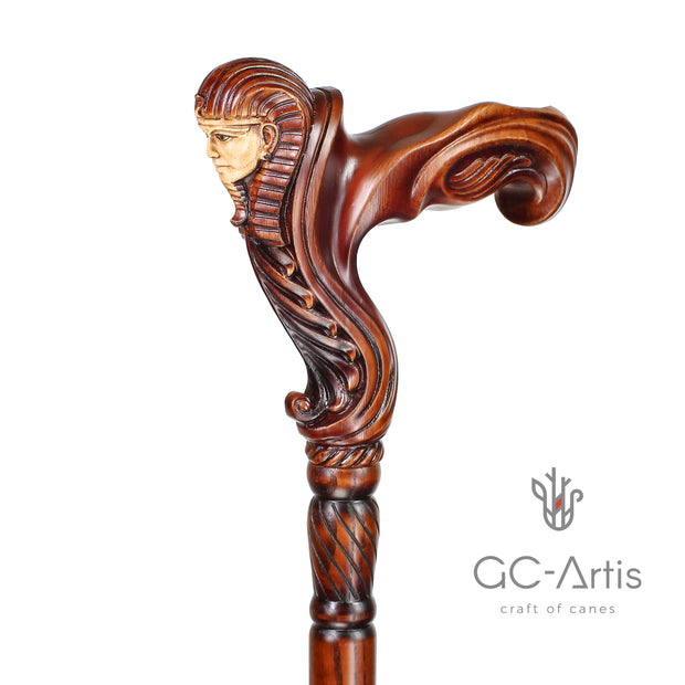 Ergonomical Handle! Wooden Walking Cane Stick Carved Egypt Pharaoh - GC-Artis Walking Sticks Canes