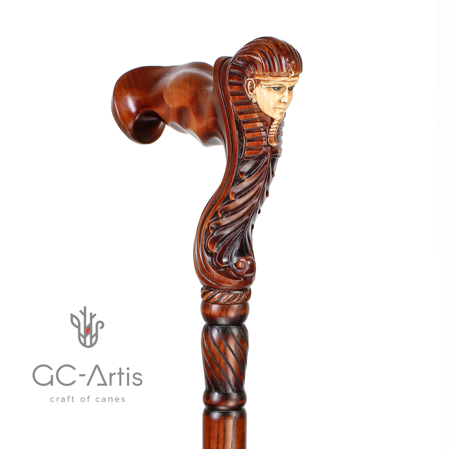 Ergonomical Handle! Wooden Walking Cane Stick Carved Egypt Pharaoh - GC-Artis Walking Sticks Canes