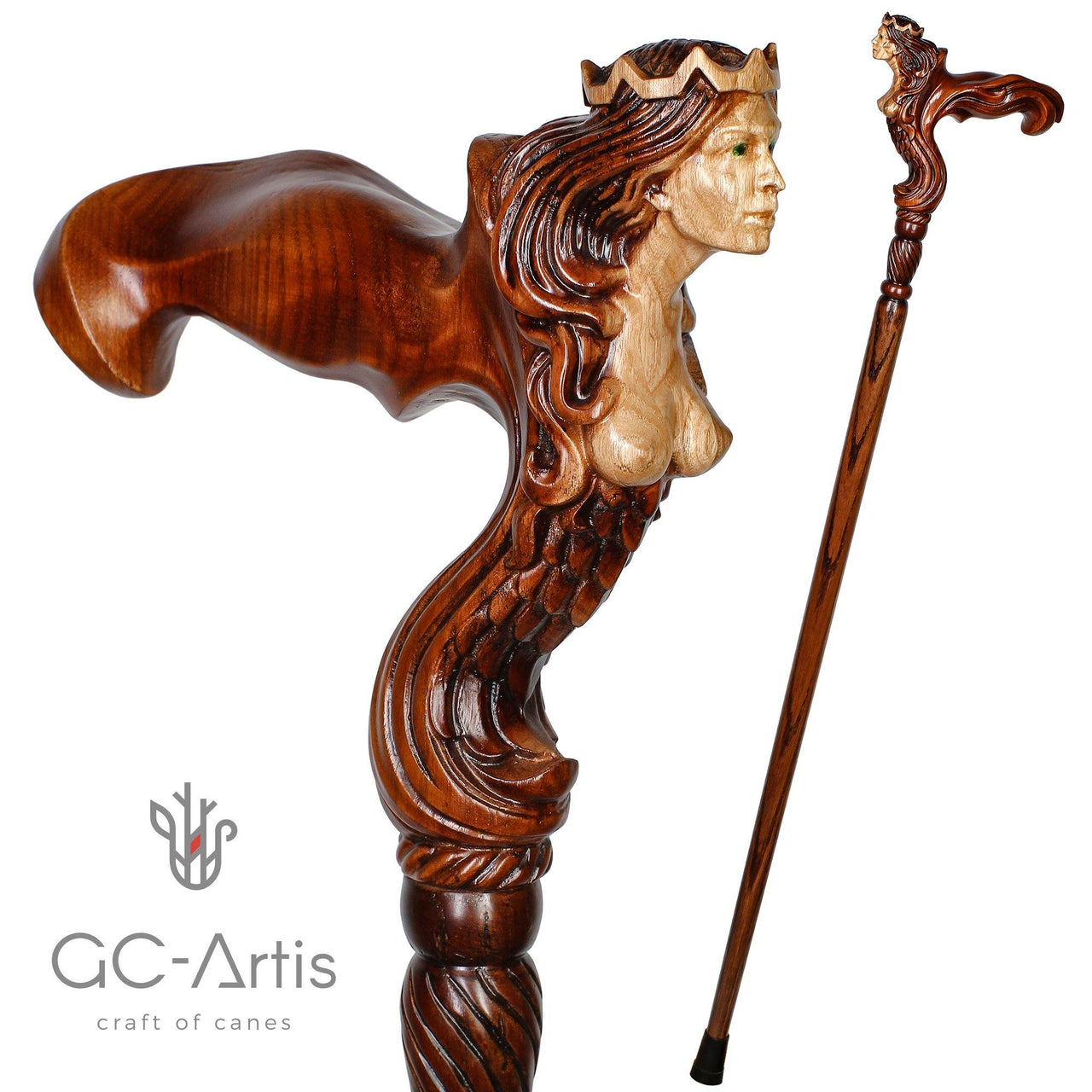 Ergonomic Palm Grip Handle Wooden Walking cane Fantasy Syren - GC-Artis Walking Sticks Canes
