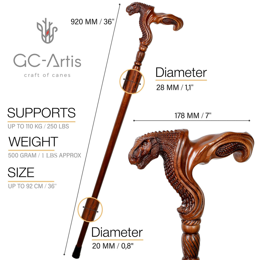 T-Rex Dinosaur Head - Ergonomical Handle Walking Stick Cane Wooden - GC-Artis Walking Sticks Canes