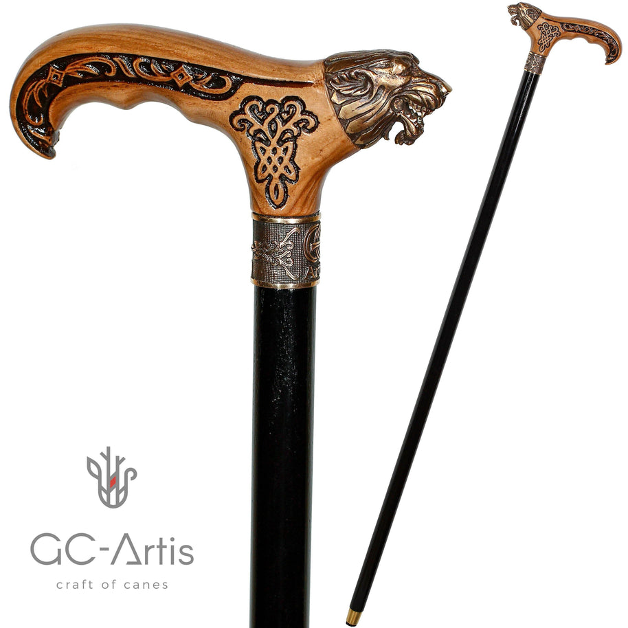 Wolf Head Bronze & Wood Walking Cane Stick - GC-Artis Walking Sticks Canes