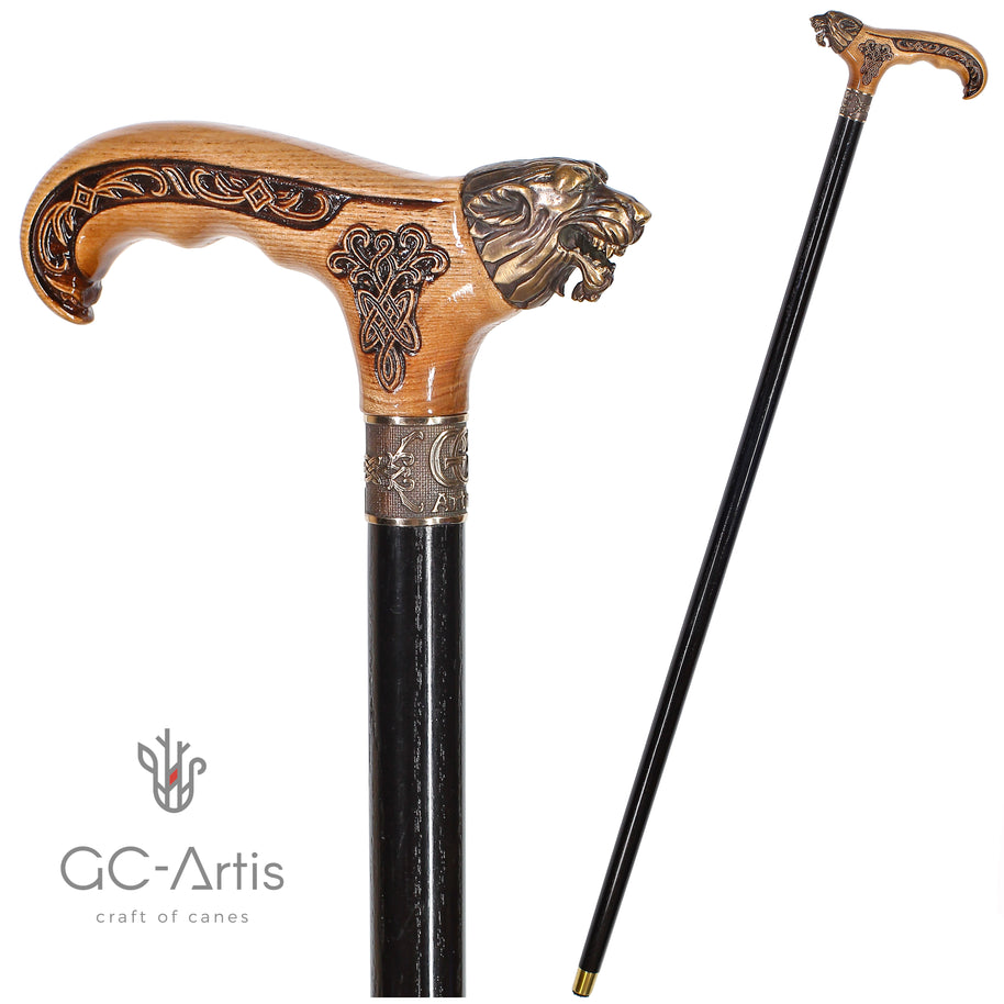 Canne de marche Tête de loup Bronze & Bois